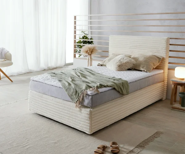 Boxspringbett Dream-Well Plüsch-Cord Beige 120x200 cm TFK-Matratze Visco-Topper