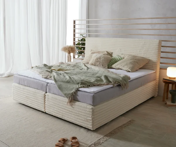 Boxspringbett Dream-Well Plüsch-Cord Beige 180x200 cm Bonell-Matratze PU-Topper