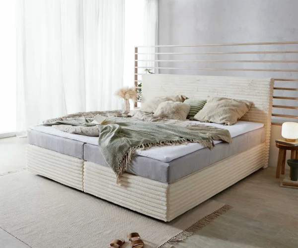 Boxspringbett Dream-Well Plüsch-Cord Beige 200x200 cm mit Taschenfederkernmatratze und Topper Visco