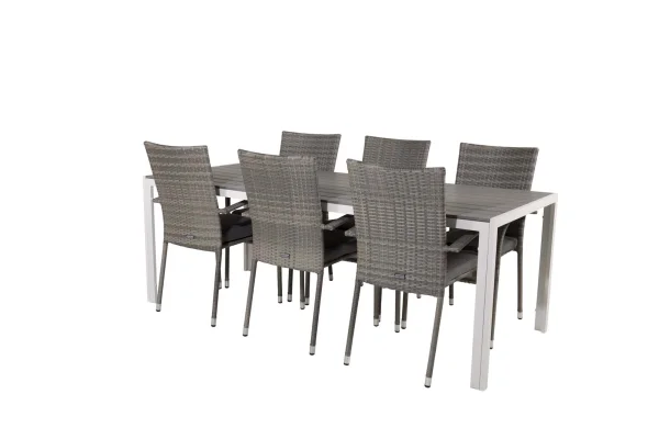 Break Gartenset Tisch 90x205cm grau, 6 Stühle Anna grau.