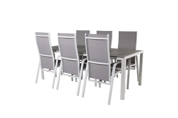 Break Gartenset Tisch 90x205cm grau, 6 Stühle Copacabana grau.