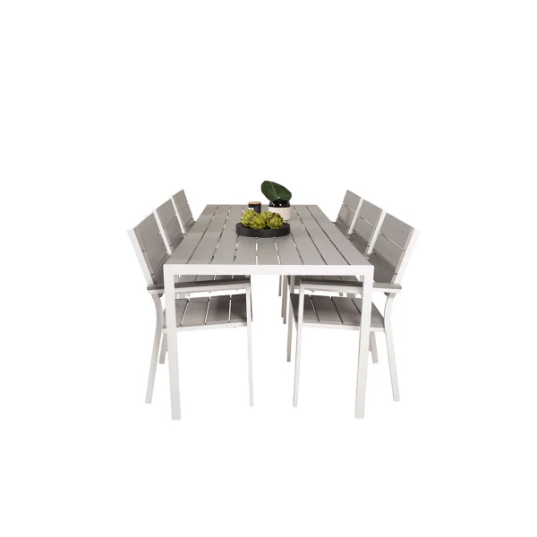 Break Gartenset Tisch 90x205cm grau, 6 Stühle grau.