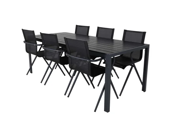 Break Gartenset Tisch 90x205cm schwarz, 6 Stühle Alina schwarz.