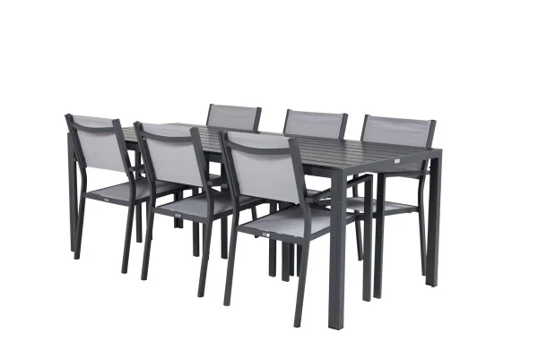 Break Gartenset Tisch 90x205cm schwarz, 6 Stühle Copacabana grau.