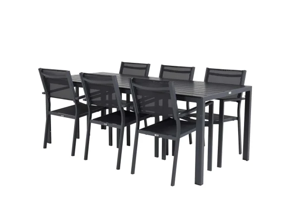 Break Gartenset Tisch 90x205cm schwarz, 6 Stühle Copacabana schwarz.