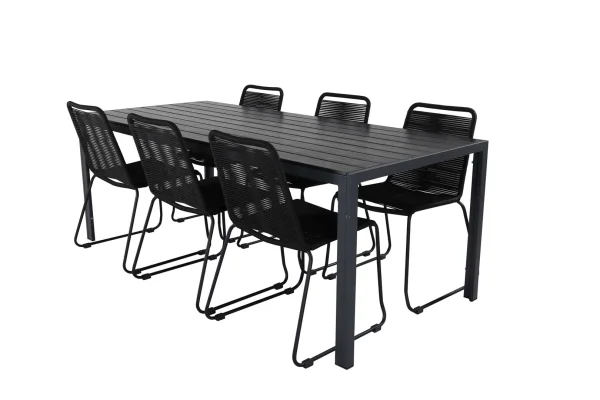 Break Gartenset Tisch 90x205cm schwarz, 6 Stühle Lindos schwarz.