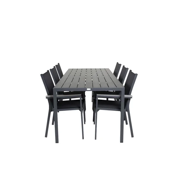 Break Gartenset Tisch 90x205cm schwarz, 6 Stühle schwarz.