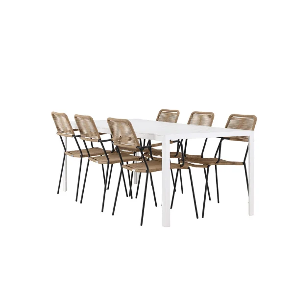 Break Gartenset Tisch 90x205cm weiß, 6 Stühle braun.