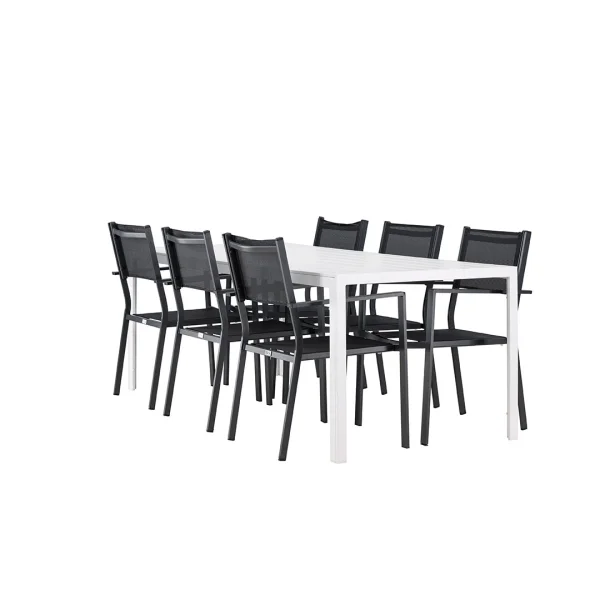 Break Gartenset Tisch 90x205cm weiß, 6 Stühle schwarz.