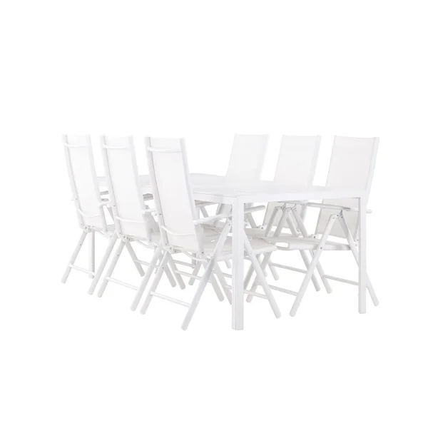 Break Gartenset Tisch 90x205cm weiß, 6 Stühle weiß.