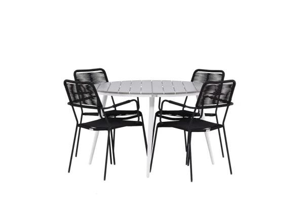 Break Gartenset Tisch Ø120cm grau, 4 Stühle Lindos schwarz.