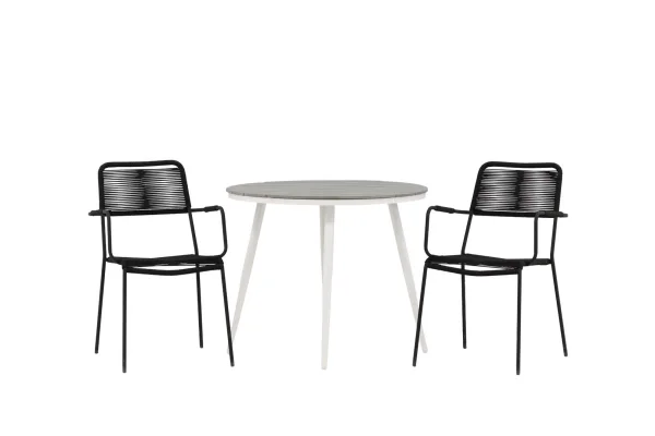 Break Gartenset Tisch Ø90cm grau, 2 Stühle Lindos schwarz.