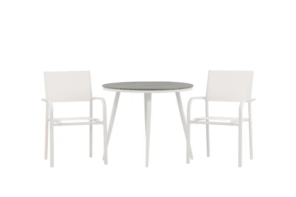 Break Gartenset Tisch Ø90cm grau, 2 Stühle Santorini weiß.