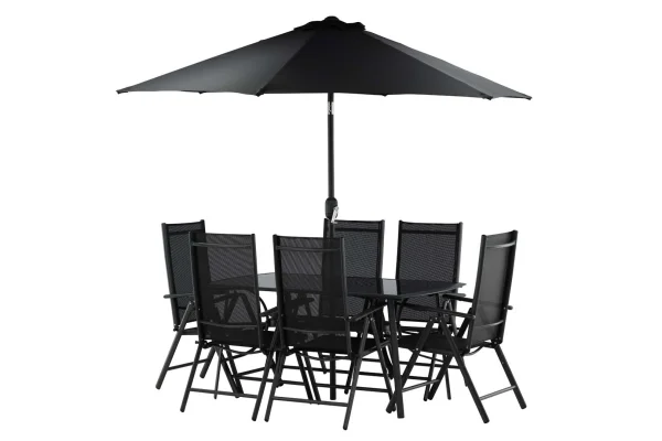 Brekki Gartenset Tisch 90x150cm schwarz, 6 Stühle schwarz.