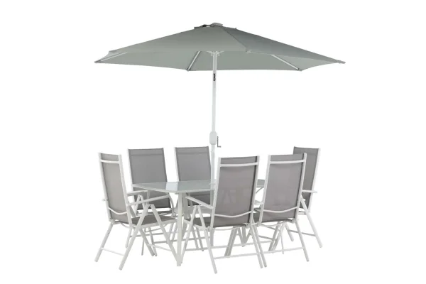 Brekki Gartenset Tisch 90x150cm weiß, 6 Stühle weiß.