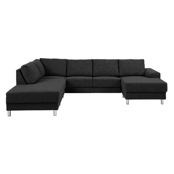 Calverton Ecksofa mit links gewendeten Ottomane in anthrazit grauen Stoff und Chrom Beinen.