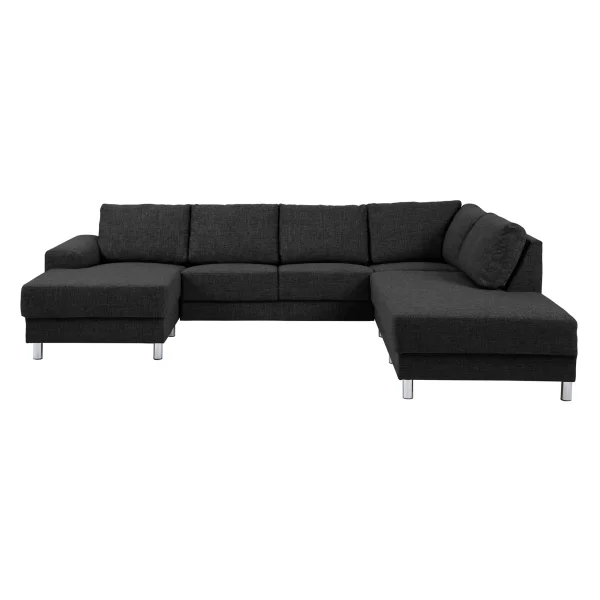 Calverton Ecksofa mit rechts gewendeten Ottomane in anthrazit grauen Stoff und Chrom Beinen.