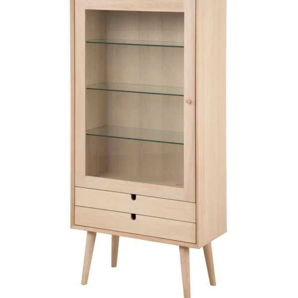 Canes Vitrine mit 1 Tür und 2 Schubladen aus Eiche Furnier und massiv Eiche, weiß gelaugt.