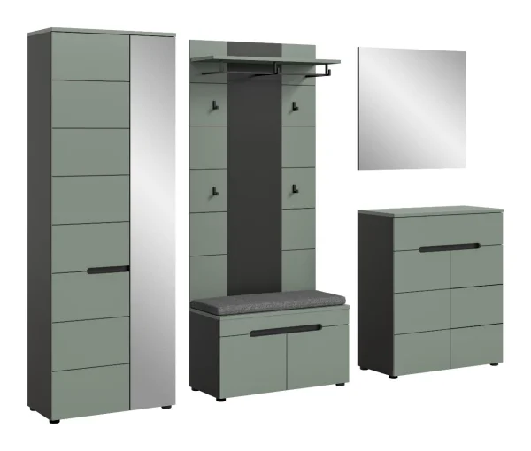Canu Garderobenmöbel Set C1 inkl. Kissen staubgrün, dunkelgrau.