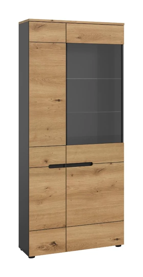 Canu Vitrinenschrank 1 Tür, 1 Glastür Eiche Dekor, dunkelgrau.