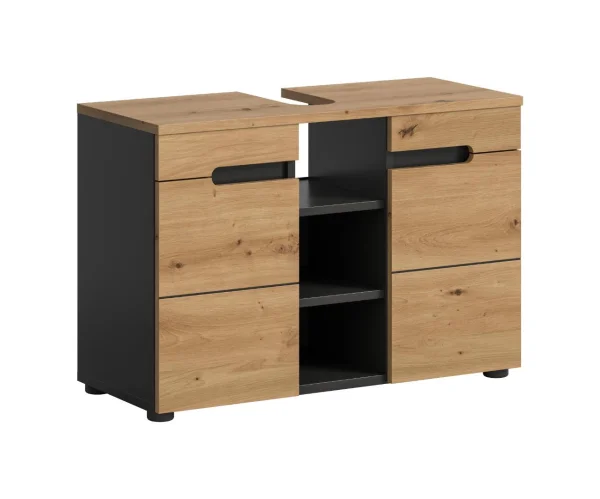 Canu Waschbeckenunterschrank 2 Türen, 3 Regale Eiche Dekor, grau.