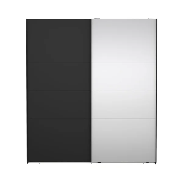 Catania Kleiderschrank 201x179x67cm, 1 Schiebetür, 1 Schiebetür mit Spiegel matt schwarz.
