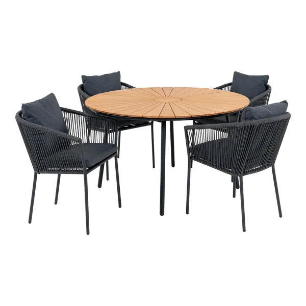 Cleveland Gartenset Esstisch Ø130cm natur, schwarz und 4 Salerno Stuhl grau, schwarz.