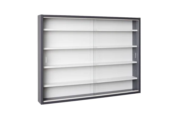 Collecty Vitrinenschrank 2 Schiebetüren aus Glas grau, weiß.