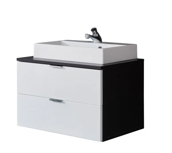 ConceptOne Bad Waschbeckenunterschrank 2 Schubladen, Waschbecken grau, weiß Hochglanz, MineralgussAufsatzwaschbecken Weiß.