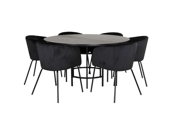Copenhagen Essgruppe Esstisch braun und 6 Berit Esszimmerstühle Velour schwarz.