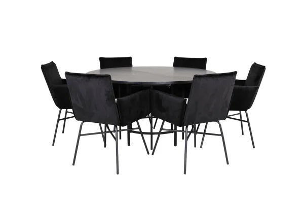 Copenhagen Essgruppe Esstisch braun und 6 Pippi Esszimmerstühle Velour schwarz.