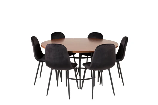 Copenhagen Essgruppe Esstisch braun und 6 Polar Esszimmerstühle Velour schwarz.