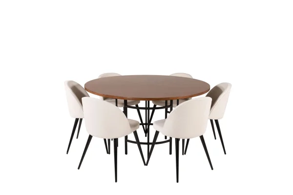 Copenhagen Essgruppe Esstisch braun und 6 Velvet Esszimmerstühle Samt beige, schwarz.