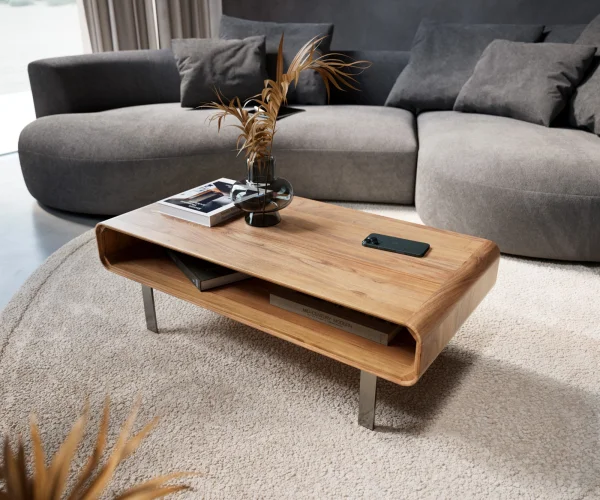 Couchtisch Anaya 100x50 cm Akazie Natur 1 Fach L-Fuß Edelstahl