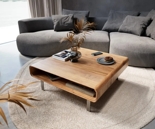 Couchtisch Anaya 90x90 cm Akazie Natur 1 Fach L-Fuß Edelstahl