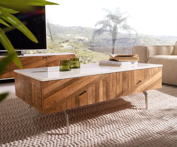 Couchtisch Bahan 115x60 cm Mango Teak 2 Schubladen Marmorplatte weiss Winkelfuß Edelstahl