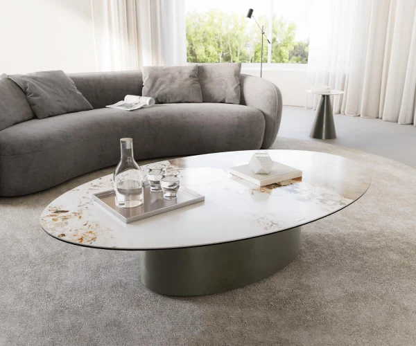 Couchtisch Casilda 150x90 cm Keramik Minas Melange Weiß-Beige Mittelfuß Effektfinish Titan