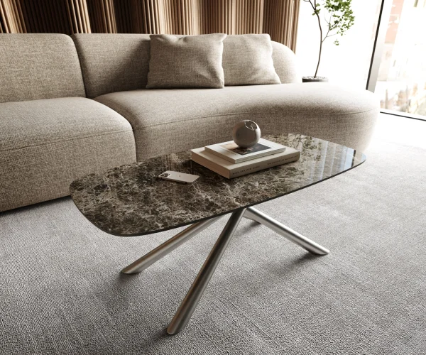 Couchtisch Edge Boot 100x50 cm Keramik Laminam® Emperador Extra Lucidato Dunkelbraun Sarity Edelstahl gebürstet