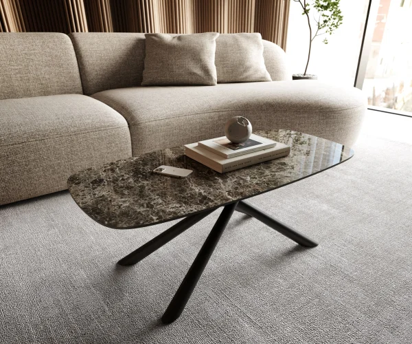 Couchtisch Edge Boot 100x50 cm Keramik Laminam® Emperador Extra Lucidato Dunkelbraun Sarity Metall Schwarz