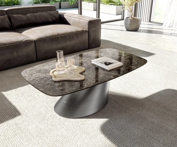 Couchtisch Edge Boot 120x70 cm Keramik Laminam® Emperador Extra Lucidato Dunkelbraun Conis Metallic Silber
