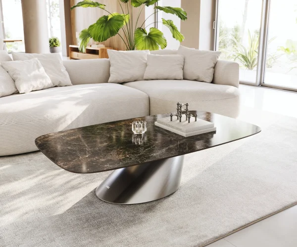 Couchtisch Edge Boot 140x80 cm Keramik Laminam® Emperador Extra Lucidato Dunkelbraun Conis Edelstahl gebürstet