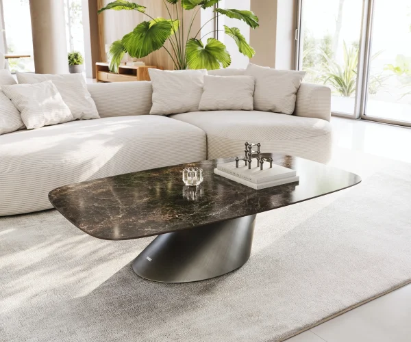 Couchtisch Edge Boot 140x80 cm Keramik Laminam® Emperador Extra Lucidato Dunkelbraun Conis Metallic Silber