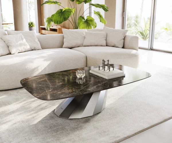 Couchtisch Edge Boot 140x80 cm Keramik Laminam® Emperador Extra Lucidato Dunkelbraun Parabi Edelstahl gebürstet