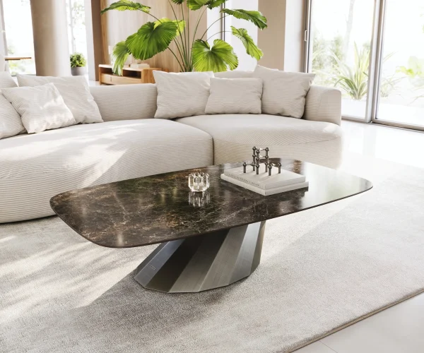 Couchtisch Edge Boot 140x80 cm Keramik Laminam® Emperador Extra Lucidato Dunkelbraun Parabi Metallic Silber