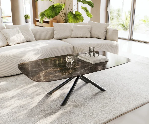 Couchtisch Edge Boot 140x80 cm Keramik Laminam® Emperador Extra Lucidato Dunkelbraun Sarity Metall Schwarz
