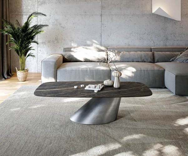 Couchtisch Edge Boot 140x80 cm Keramik Laminam® Noir Desir Braun Conis Metallic Silber