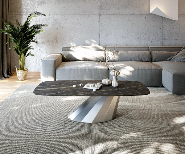 Couchtisch Edge Boot 140x80 cm Keramik Laminam® Noir Desir Braun Parabi Edelstahl gebürstet