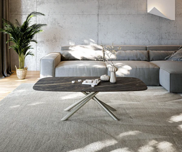 Couchtisch Edge Boot 140x80 cm Keramik Laminam® Noir Desir Braun Sarity Metall Effektfinish Titan