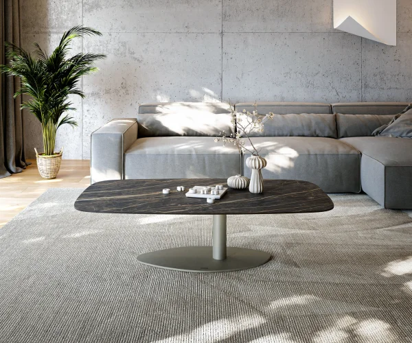 Couchtisch Edge Boot 140x80 cm Keramik Laminam® Noir Desir Braun Vibany Metall Effektfinish Titan