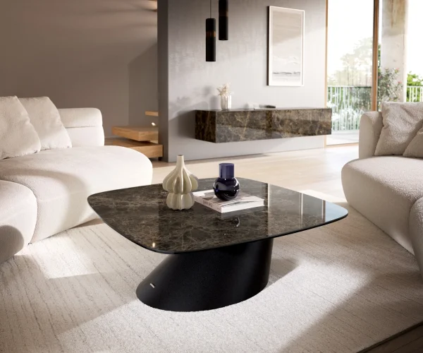 Couchtisch Edge Boot 90x90 cm Keramik Laminam® Emperador Extra Lucidato Dunkelbraun Conis Metall Schwarz